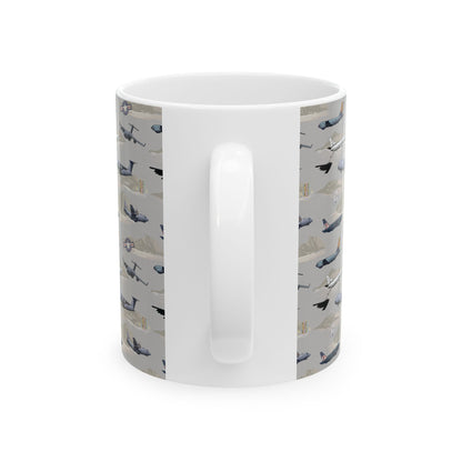 Ceramic mug featuring a beige airplane graphic, available in 11oz and 15oz sizes, ideal for aviation fans.