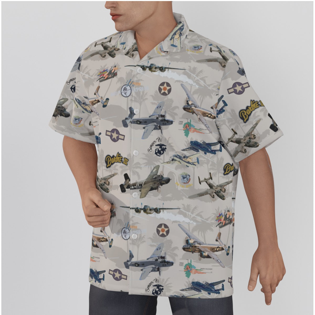 Classic white cotton Hawaiian shirt with B-25 Mitchell bomber tribute, perfect for aviation enthusiasts