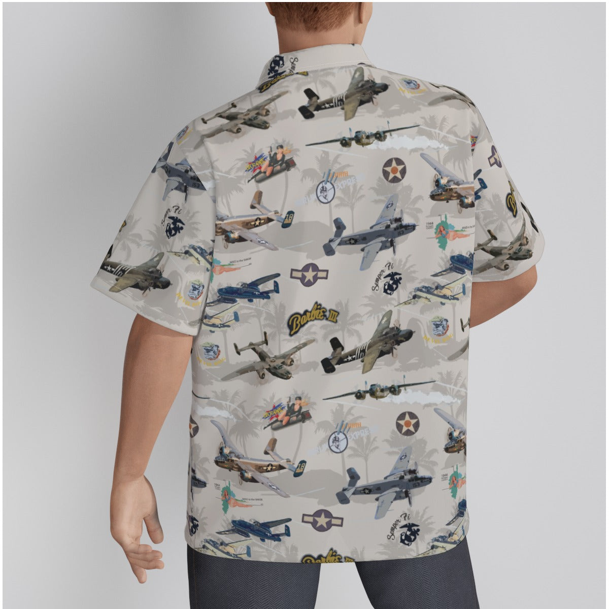 B-25 Mitchell Tribute Hawaiian Shirt in white cotton, ideal for military reunions and airshows