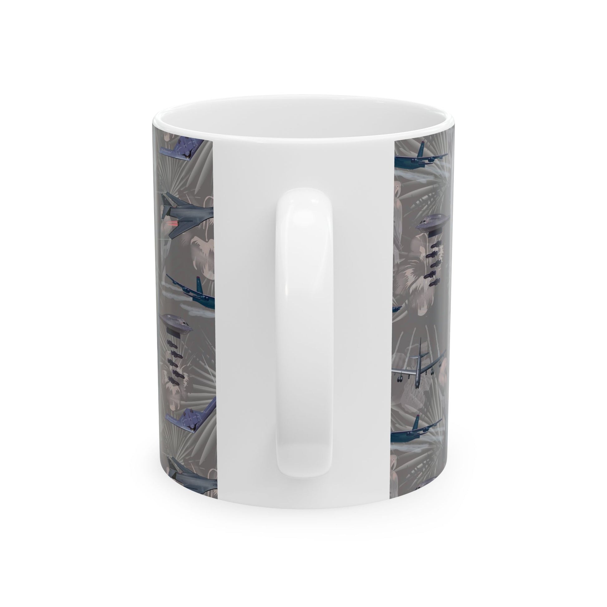 Black ceramic mug with a design celebrating the legacy of iconic bombers, ideal for collectors, available in 11oz and 15oz sizes.