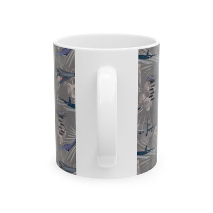 Black ceramic mug with a design celebrating the legacy of iconic bombers, ideal for collectors, available in 11oz and 15oz sizes.