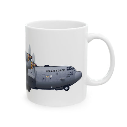 Ceramic mug showcasing the C-130 Mansfield aircraft, available in 11oz and 15oz sizes, great for daily use or display.