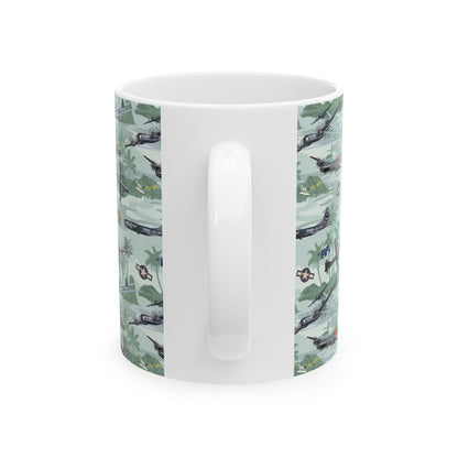 B-29 Green Ceramic Mug with a sleek bomber design, ideal for collectors, available in 11oz and 15oz sizes, microwave and dishwasher safe.