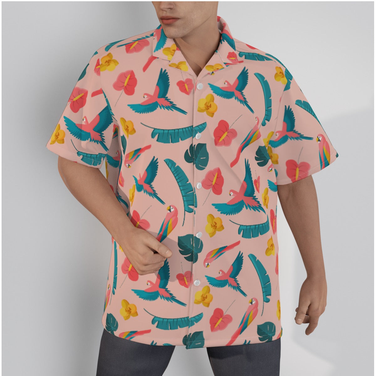 Comfortable cotton Hawaiian shirt showcasing colorful parrots and lush tropical foliage