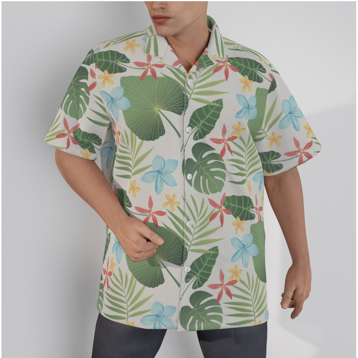 Comfortable cotton Hawaiian shirt showcasing colorful tropical leaves and floral patterns