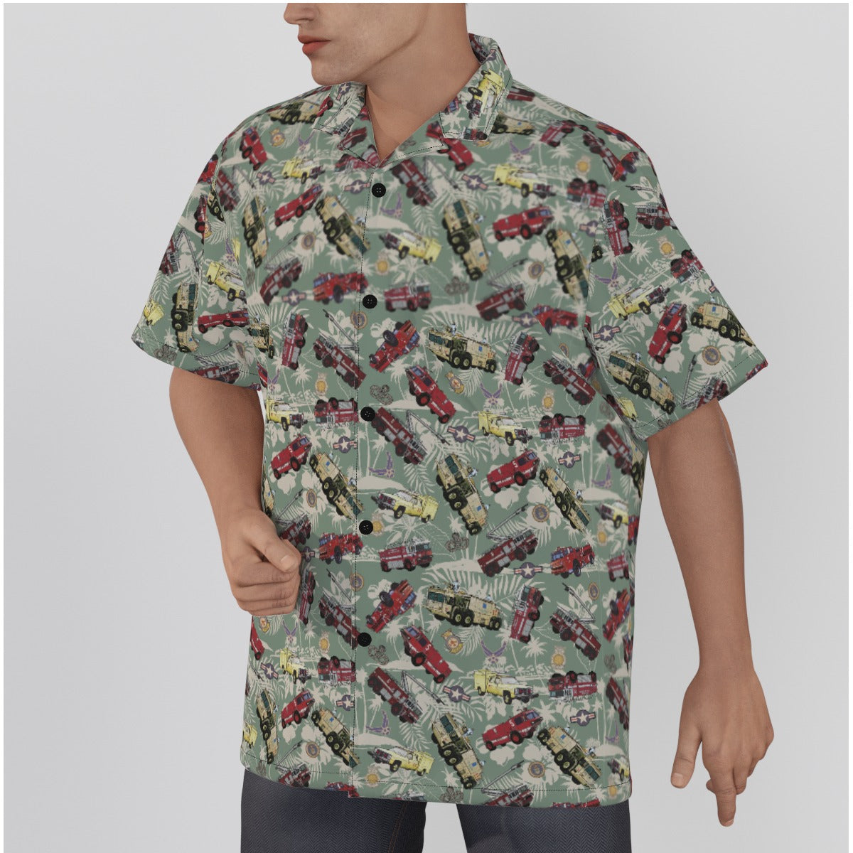 Hawaiian Shirt - "Chanute Era Crash Trucks" - Light Green in Cotton