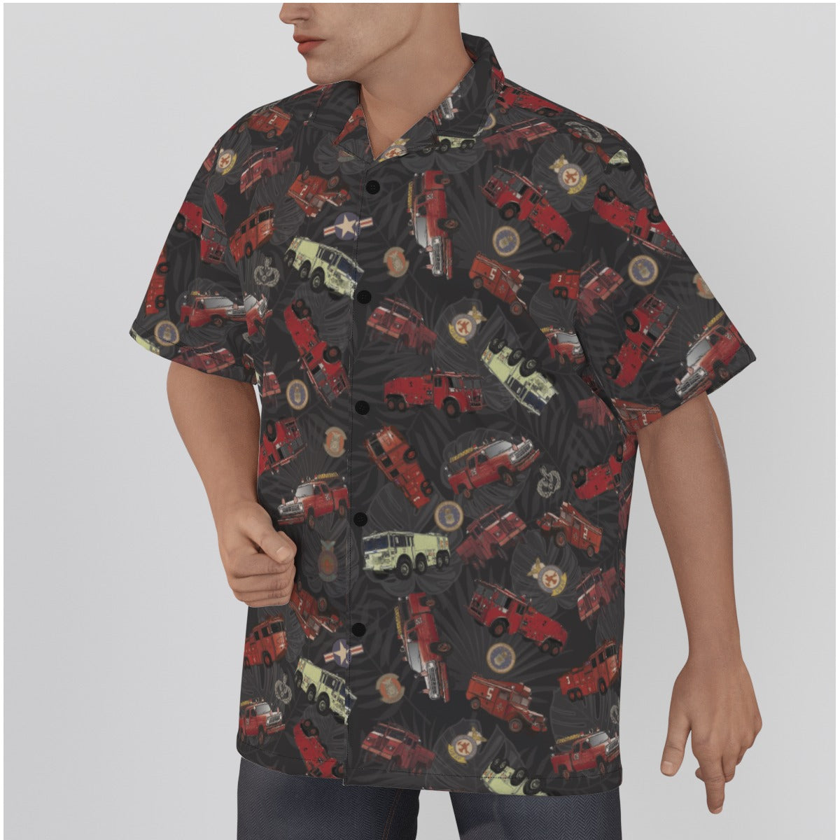 Cotton Black Aloha Shirt with Vietnam Era Fire trucks