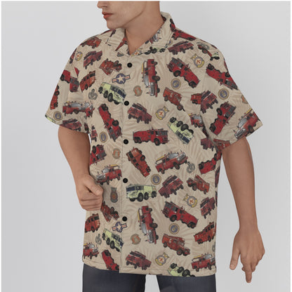 Hawaiian Shirt - "Vietnam Era Crash Trucks" - Cream in Cotton