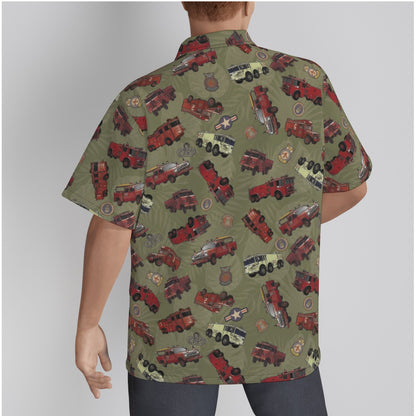 Hawaiian Shirt - "Vietnam Era Crash Trucks" - Olive Green in Cotton