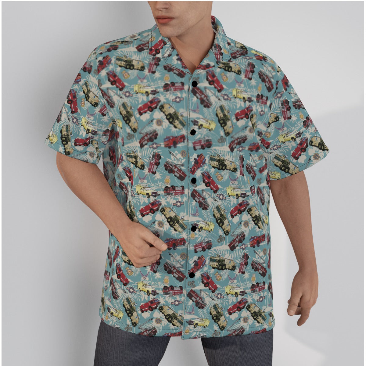 Hawaiian Shirt - "Chanute Era Crash Trucks" - Light Blue in Cotton