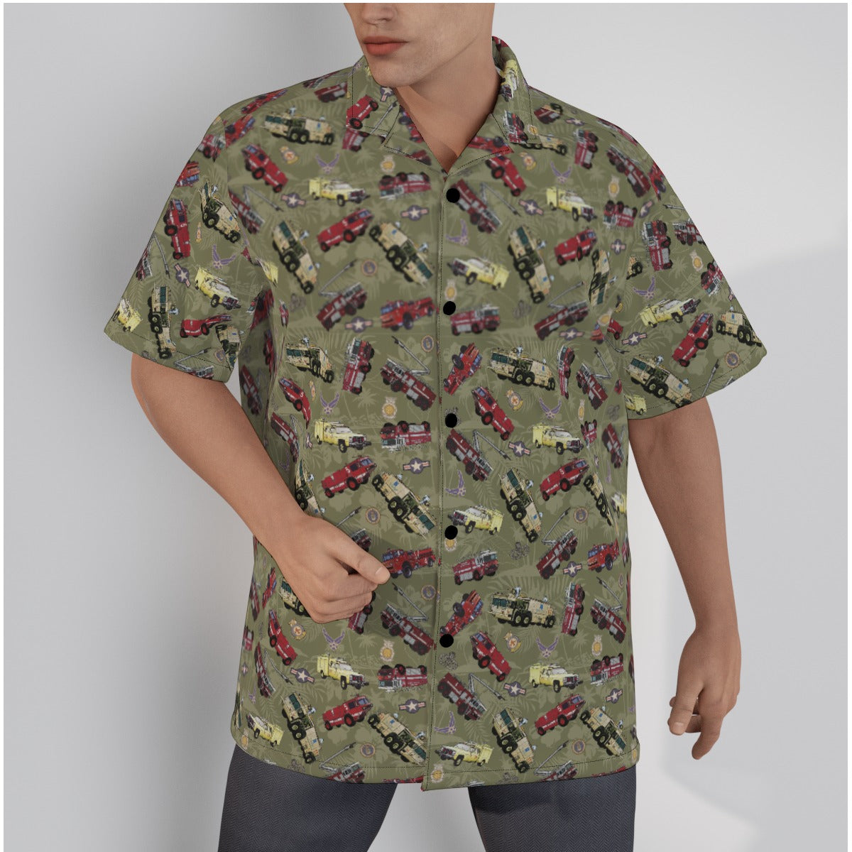 Hawaiian Shirt - "Chanute Era Crash Trucks" - Olive Green in Cotton