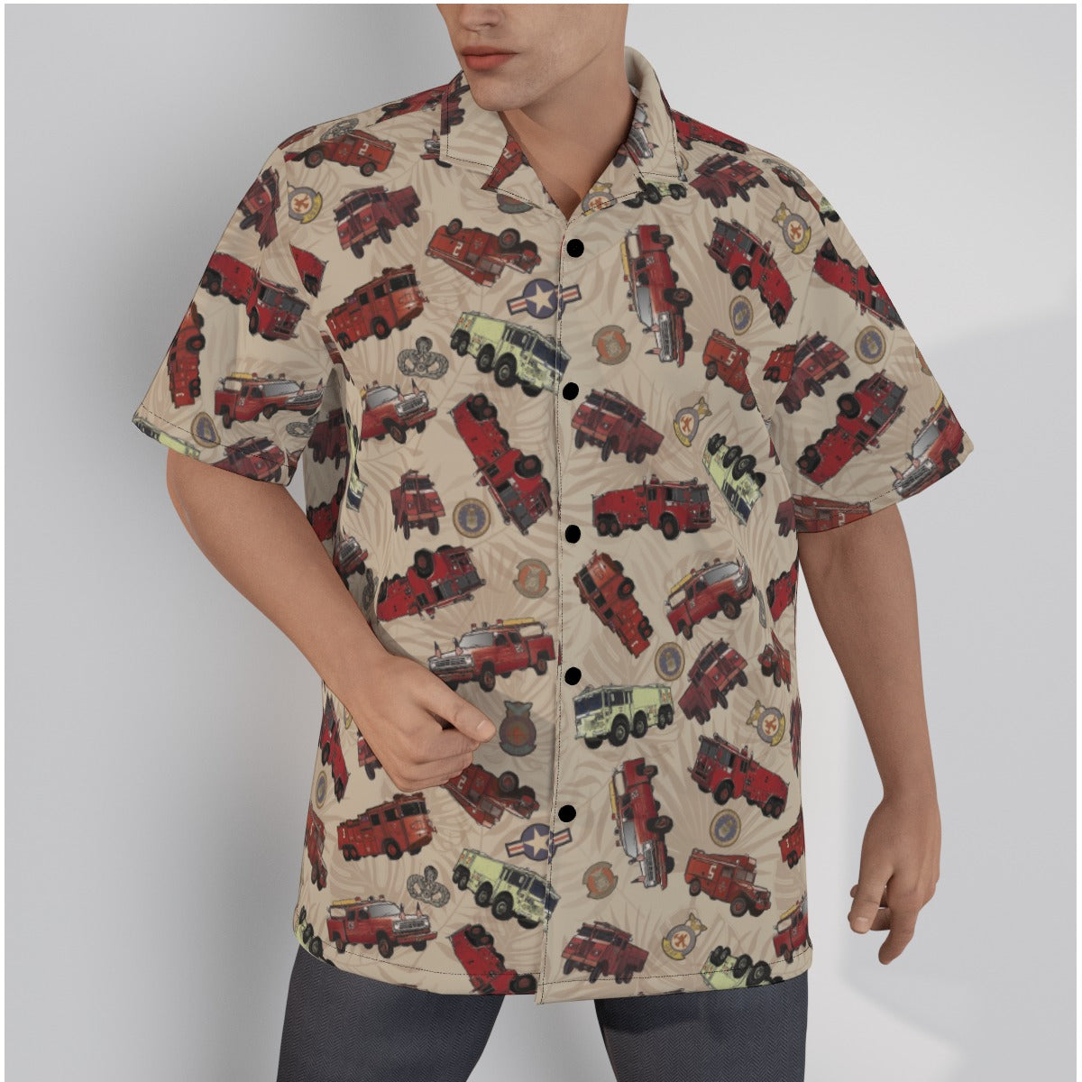 Hawaiian Shirt - "Vietnam Era Crash Trucks" - Cream in Cotton