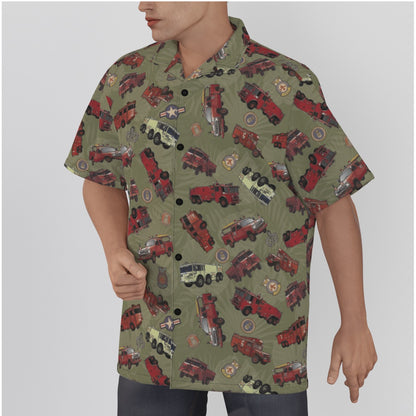 Hawaiian Shirt - "Vietnam Era Crash Trucks" - Olive Green in Cotton