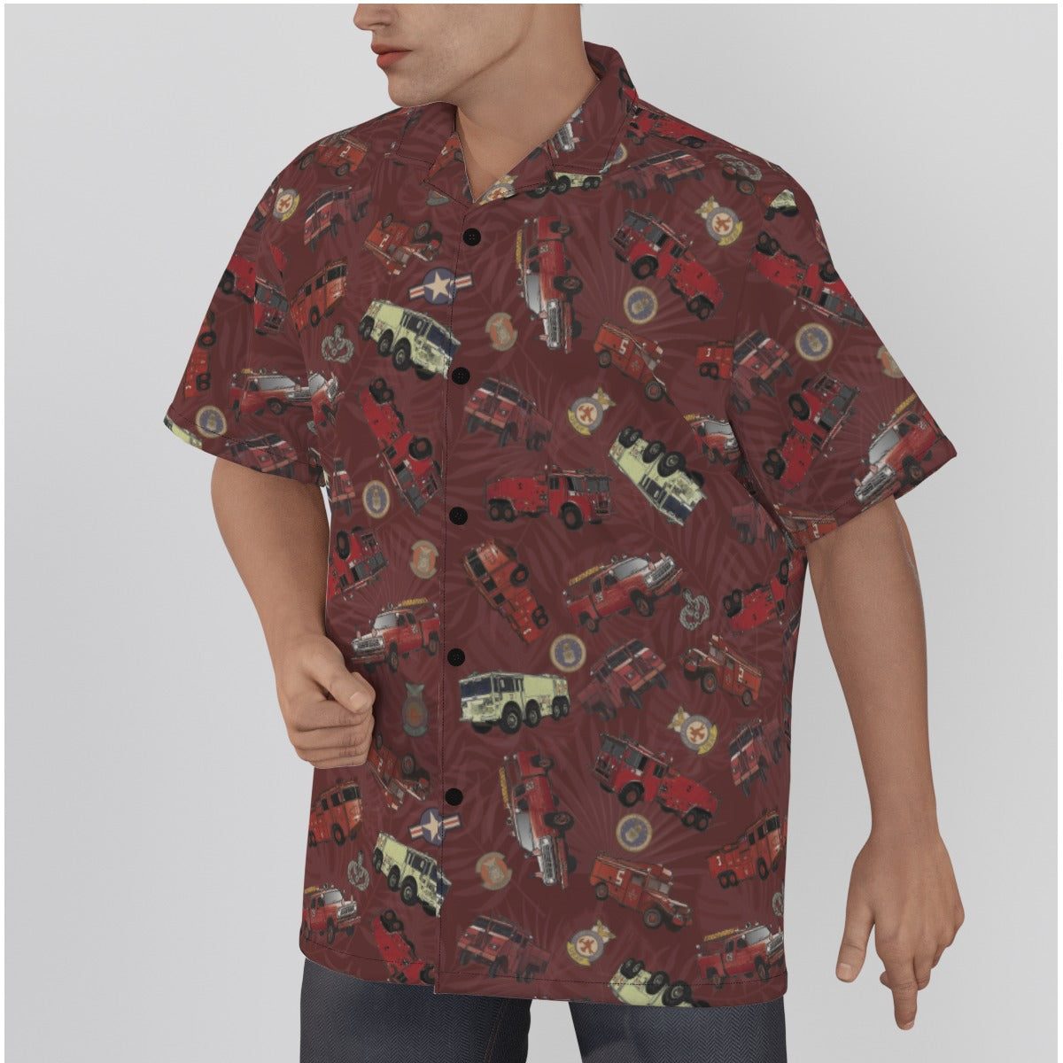 Hawaiian Shirt - "Vietnam Era Crash Trucks" - Red in Cotton