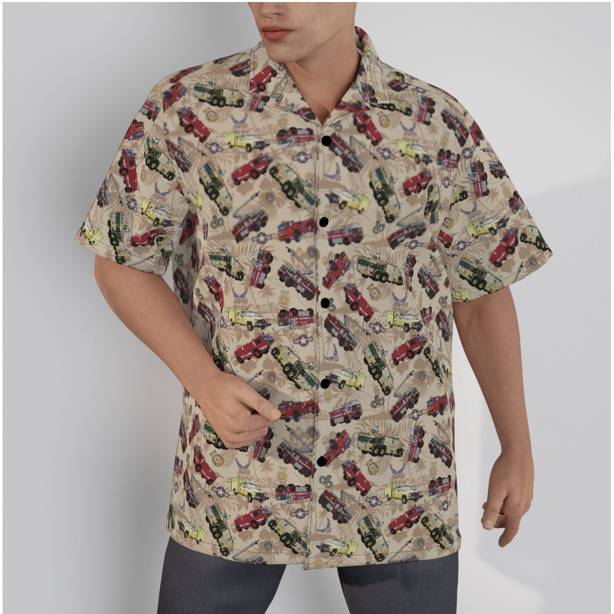 Hawaiian Shirt - "Chanute Era Crash Trucks" - Beige in Cotton