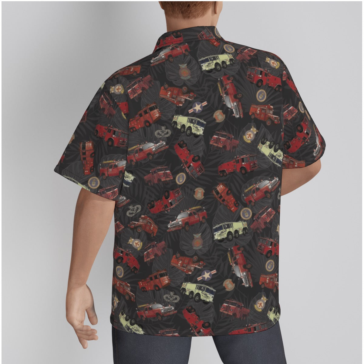 Cotton Black Hawaiian Shirt with Vietnam Era Fire trucks