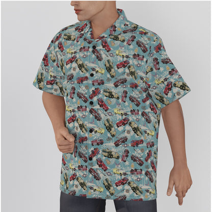 Hawaiian Shirt - "Chanute Era Crash Trucks" - Light Blue in Cotton