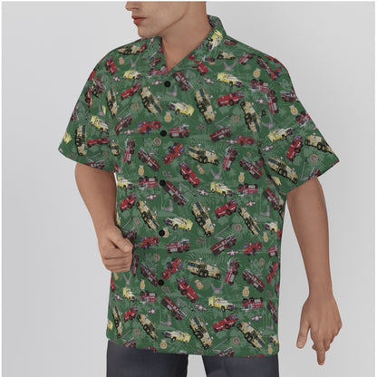 Hawaiian Shirt - "Chanute Era Crash Trucks" - Green in Cotton