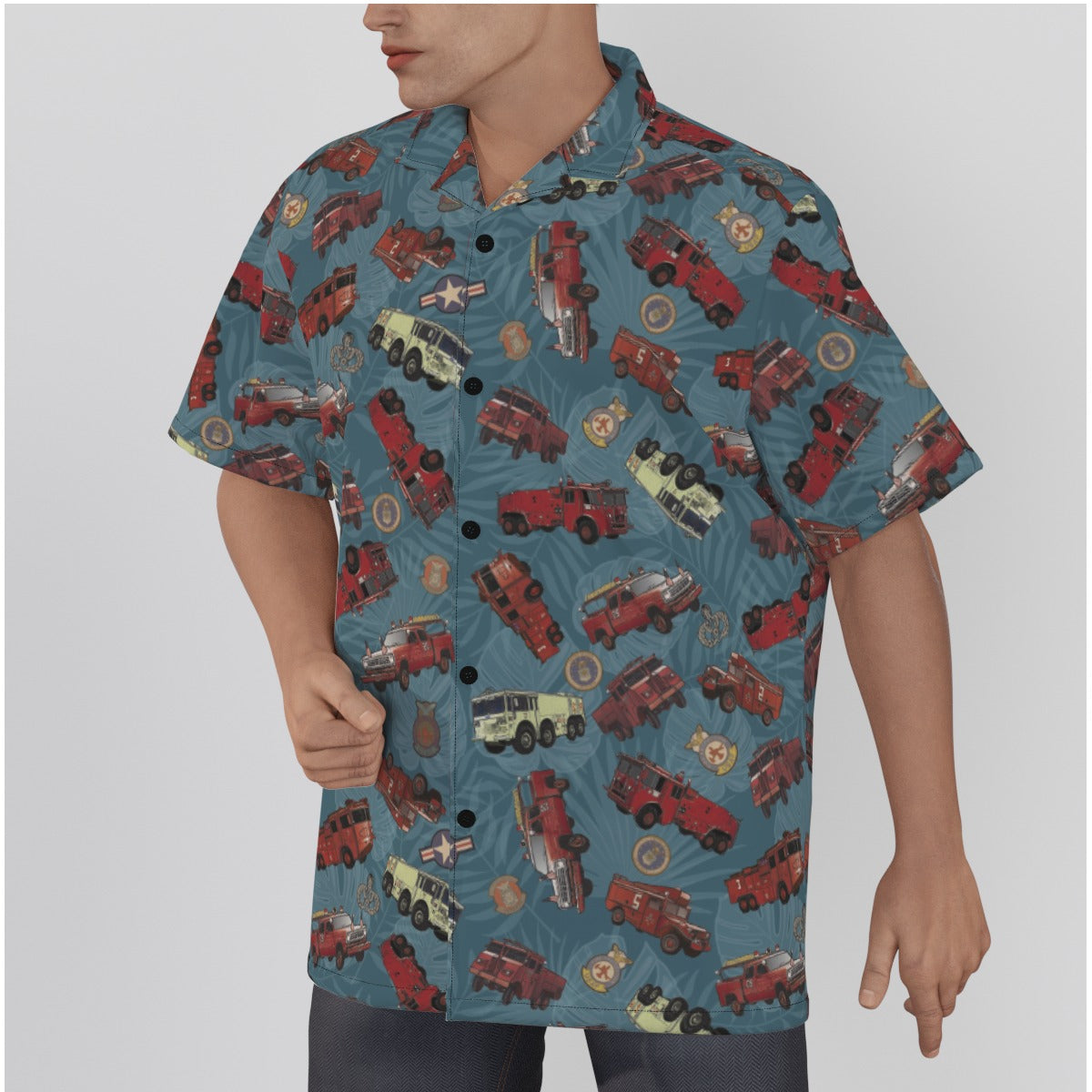 Hawaiian Shirt - "Vietnam Era Crash Trucks" - Light Blue in Cotton