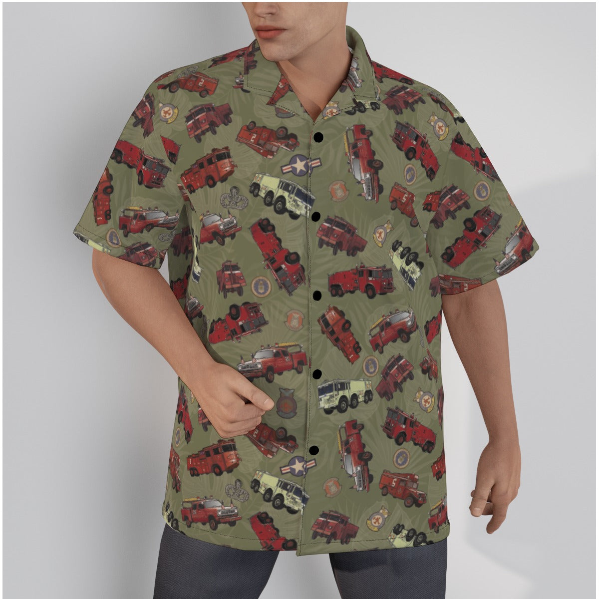 Hawaiian Shirt - "Vietnam Era Crash Trucks" - Olive Green in Cotton