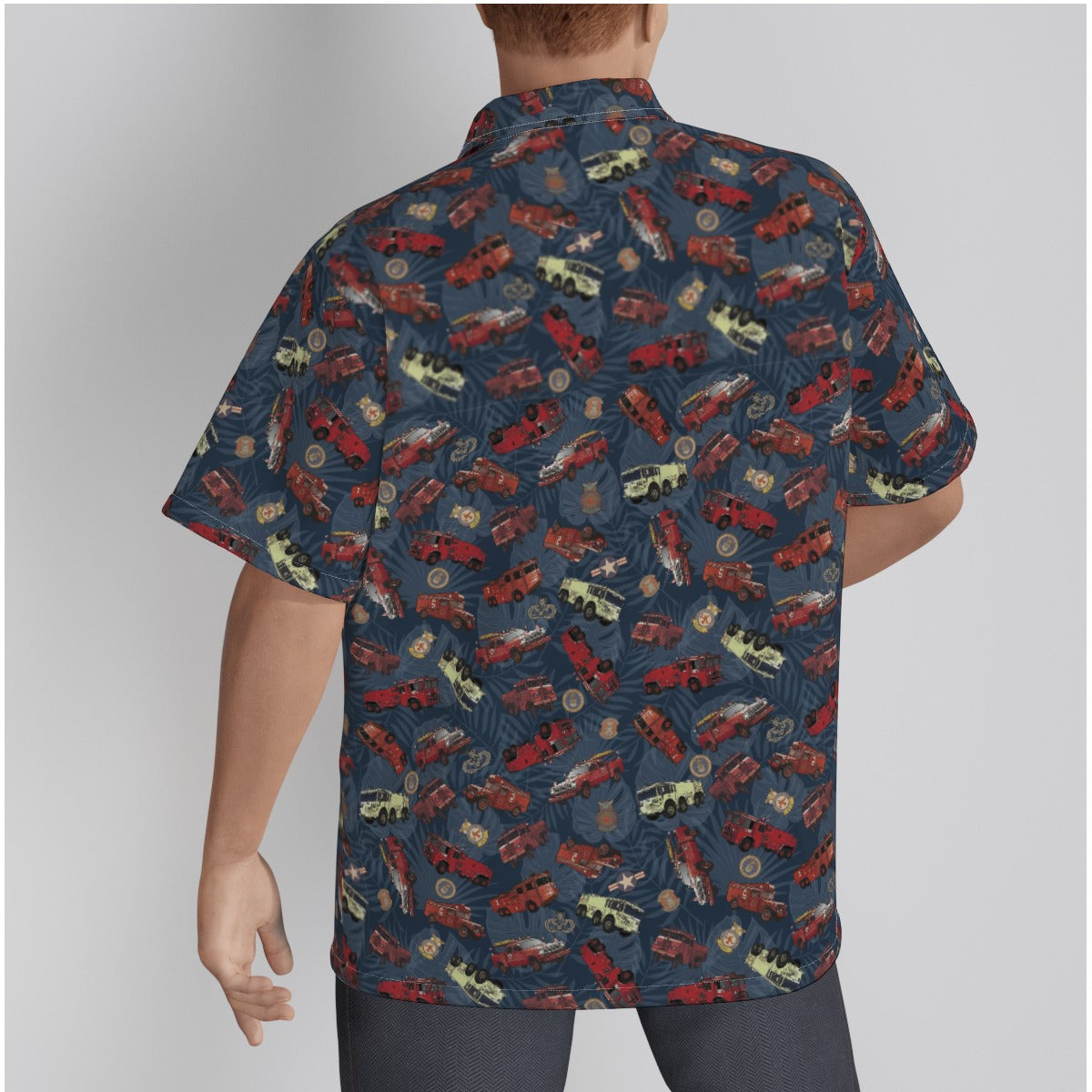 Hawaiian Shirt - "Vietnam Era Crash Trucks" - Dark Blue in Cotton