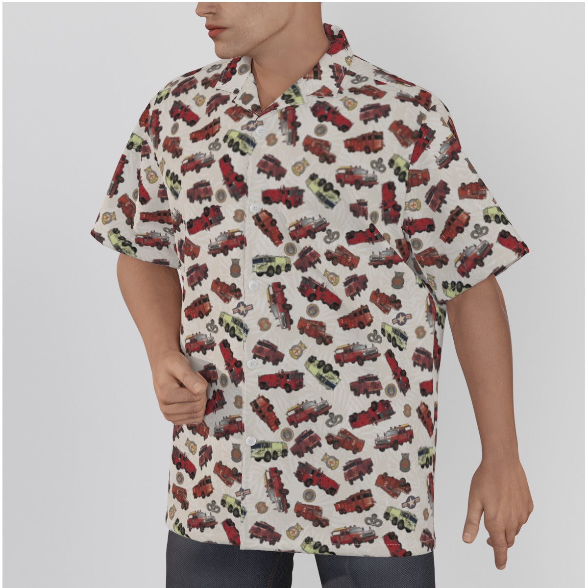 Hawaiian Shirt - "Vietnam Era Crash Trucks" - White in Cotton