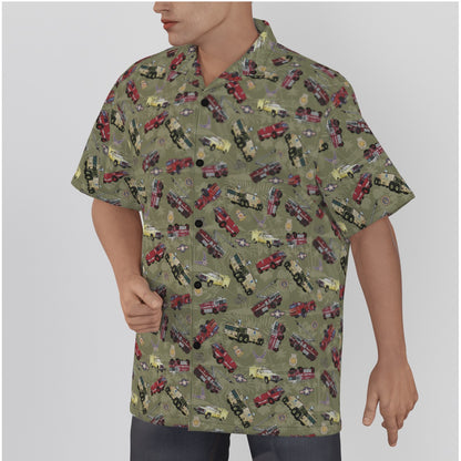 Hawaiian Shirt - "Chanute Era Crash Trucks" - Olive Green in Cotton