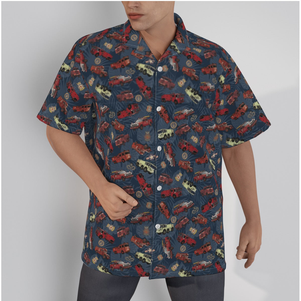 Hawaiian Shirt - "Vietnam Era Crash Trucks" - Dark Blue in Cotton