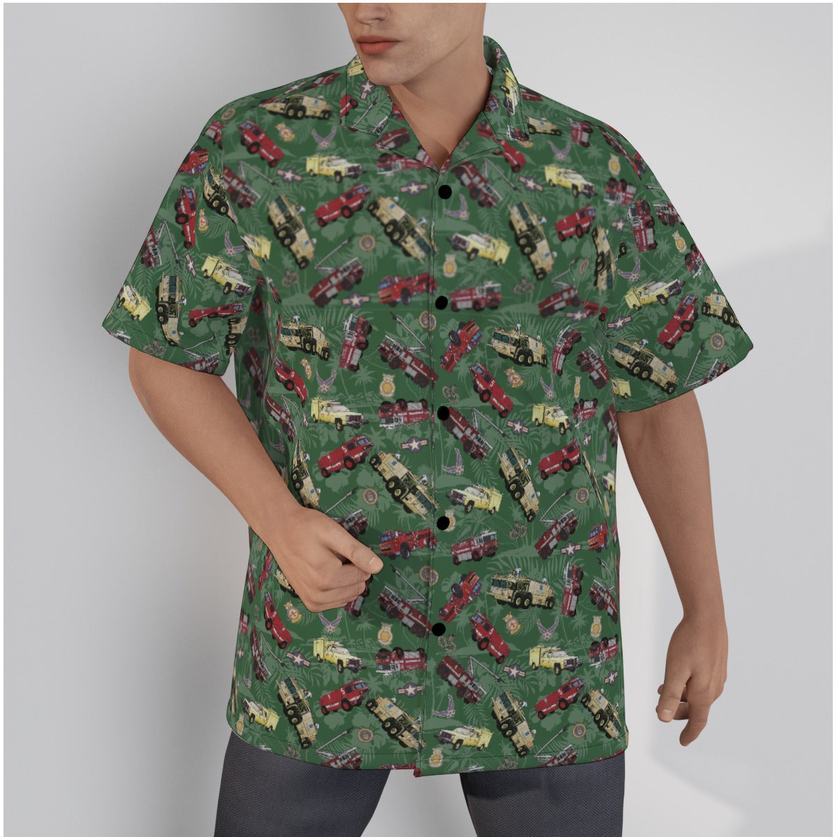 Hawaiian Shirt - "Chanute Era Crash Trucks" - Green in Cotton