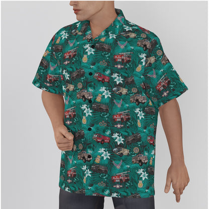 Hawaiian Shirt - "The Goodfellow Era ARFF Trucks" - Turquoise in Cotton