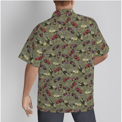 Hawaiian Shirt - "Chanute Era Crash Trucks" - Olive Green in Cotton