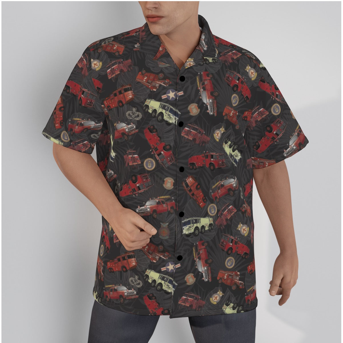 Cotton Black Hawaiian Shirt with Vietnam Era Fire trucks