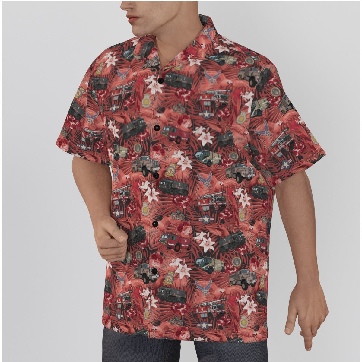 Hawaiian Shirt - "The Goodfellow Era ARFF Trucks" - Red in Cotton