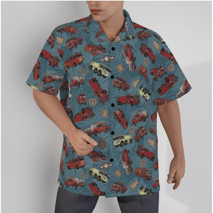 Hawaiian Shirt - "Vietnam Era Crash Trucks" - Light Blue in Cotton