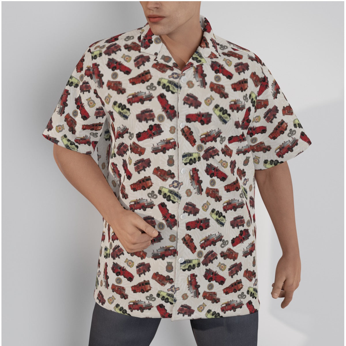 Hawaiian Shirt - "Vietnam Era Crash Trucks" - White in Cotton