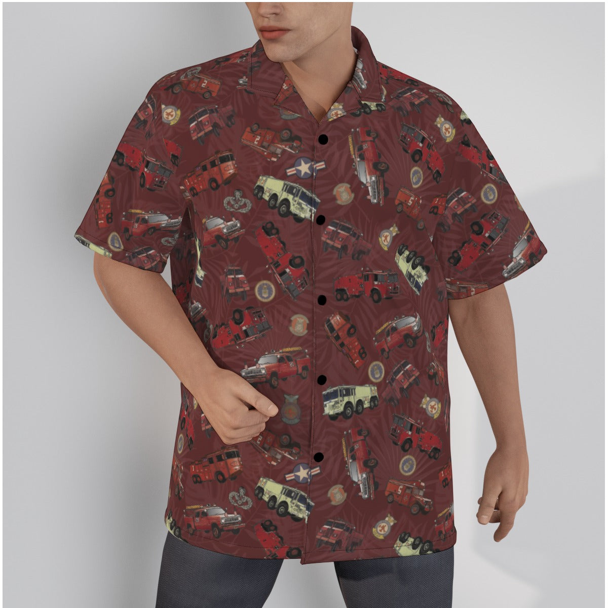 Hawaiian Shirt - "Vietnam Era Crash Trucks" - Red in Cotton