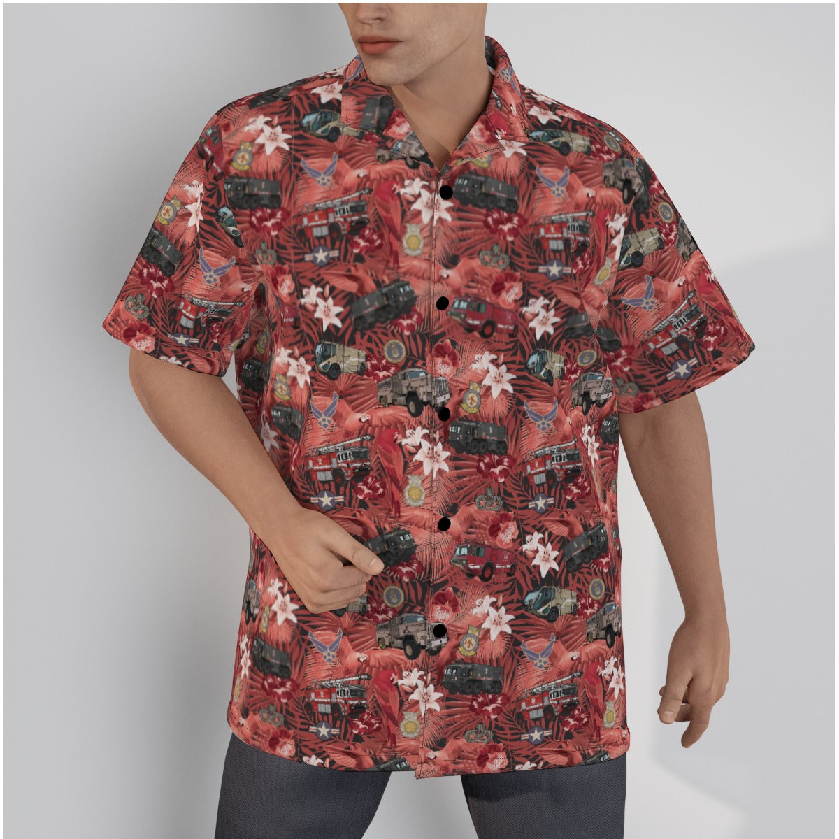 Hawaiian Shirt - "The Goodfellow Era ARFF Trucks" - Red in Cotton