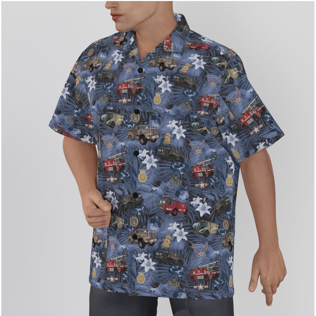 Hawaiian Shirt - "The Goodfellow Era ARFF Trucks" - Blue in Cotton