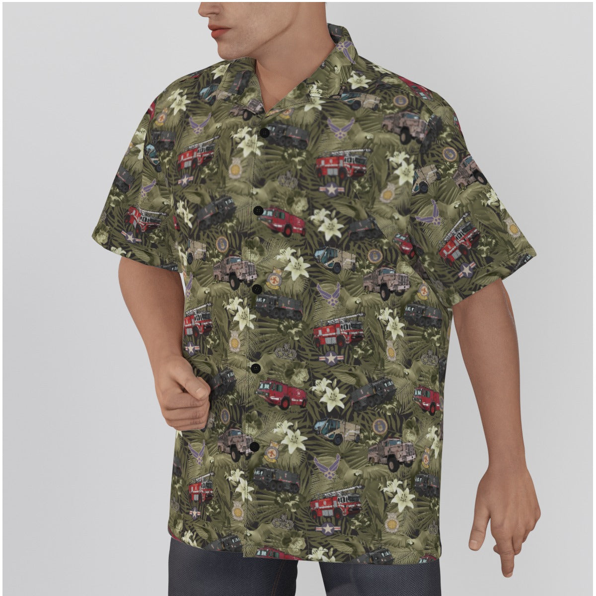 Hawaiian Shirt - "The Goodfellow Era ARFF Trucks" - Olive in Cotton