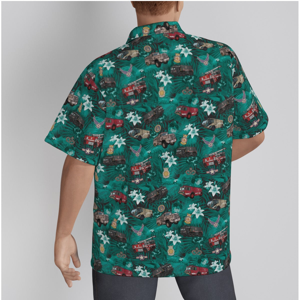 Hawaiian Shirt - "The Goodfellow Era ARFF Trucks" - Turquoise in Cotton