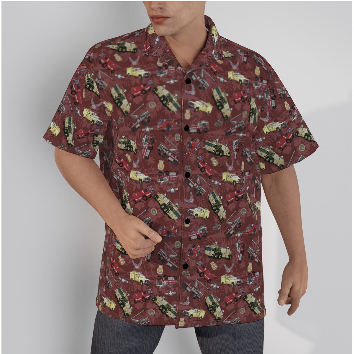 Hawaiian Shirt - "Chanute Era Crash Trucks" - Red in Cotton