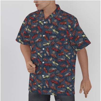 Hawaiian Shirt - "Vietnam Era Crash Trucks" - Dark Blue in Cotton